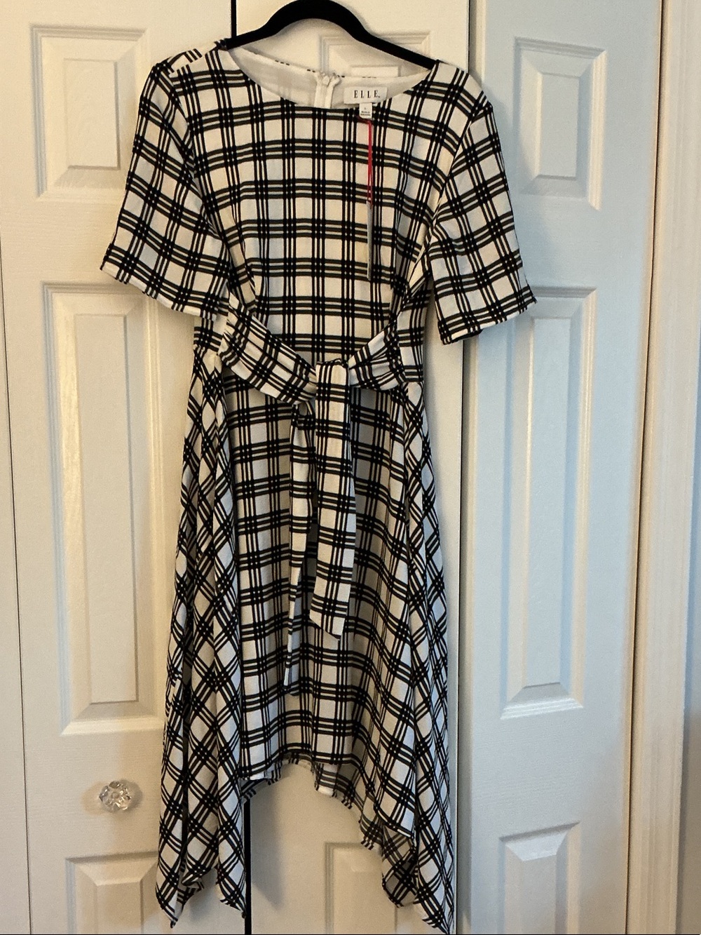 Elle Black and White Plaid Handkerchief-Hem Dress